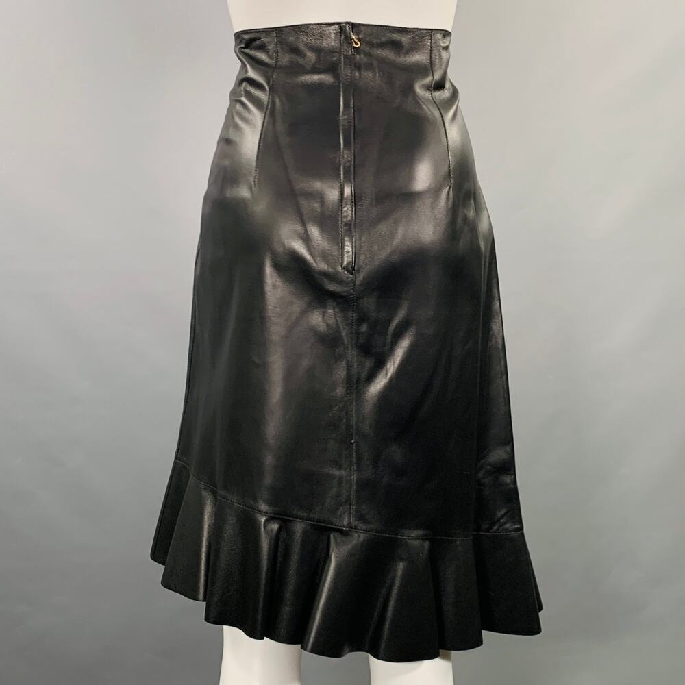 LANVIN 2016 Size M Black Leather Ruffled Lambskin Tulip Knee Length Skirt - Picture 2 of 5